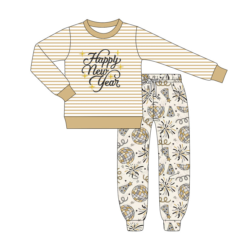 MOQ 8 preorder BLP1263 Happy New Year Stripe Long-Sleeved Pants Boys Set 202508
