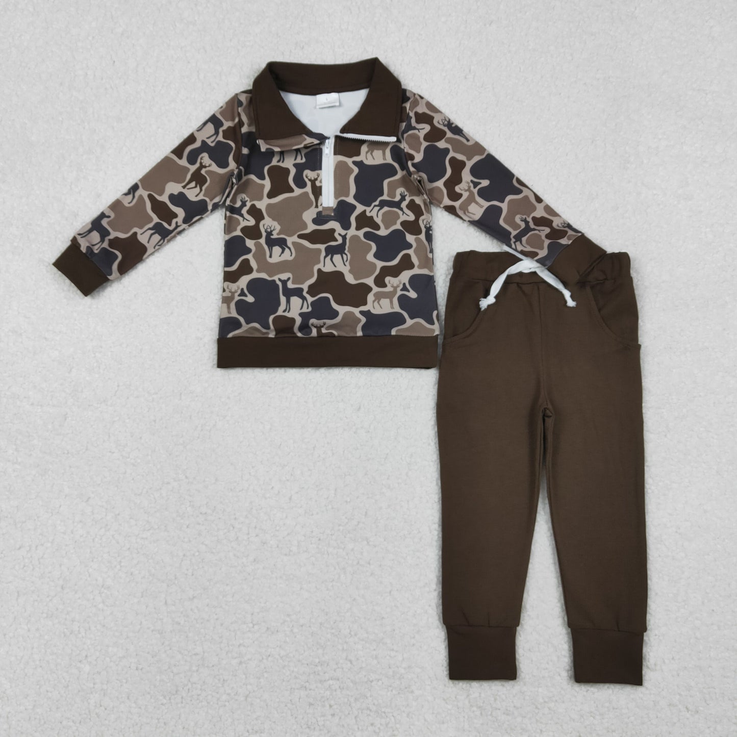 BLP1270 Camouflage Dark Brown Zip Collar Long-Sleeved Pants Boys Set 202510 RTS