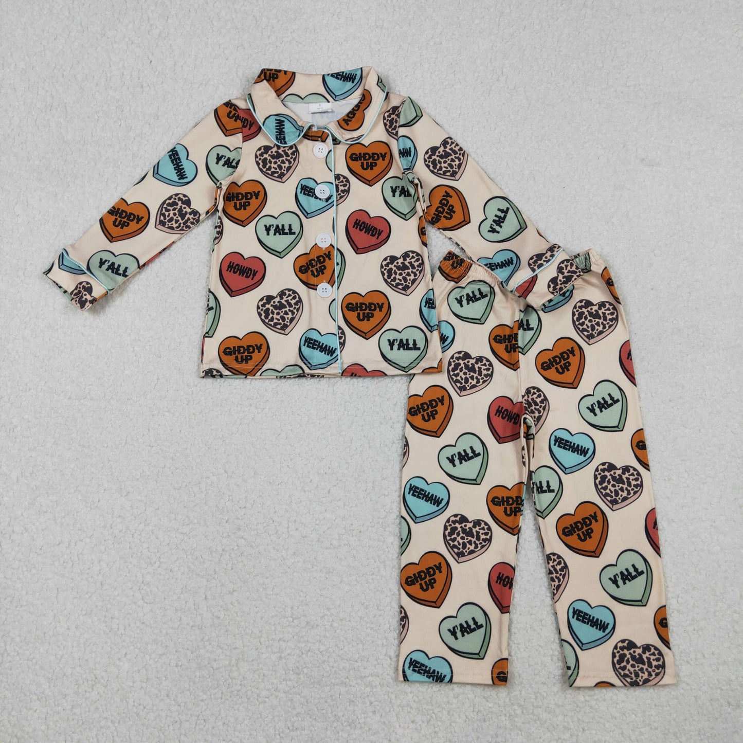 BLP1284-XS-3XL Valentine's Day Love Polo Button Long Sleeve Pants Boys Pajamas Set 202510 RTS Sibling
