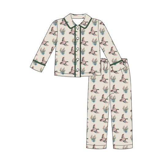 MOQ 8 Preorder BLP1290 Christmas Duck Hunting Polo Button Long Sleeve Pants Boys Pajamas Set 202509 Sibling