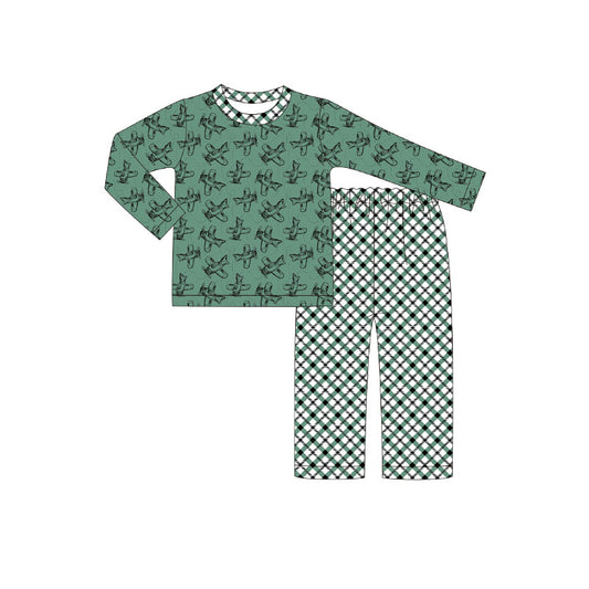 MOQ 8 Preorder BLP1291 Airplane Dark Green Long Sleeve Plaid Pants Boys Pajamas Set 202509 Sibling