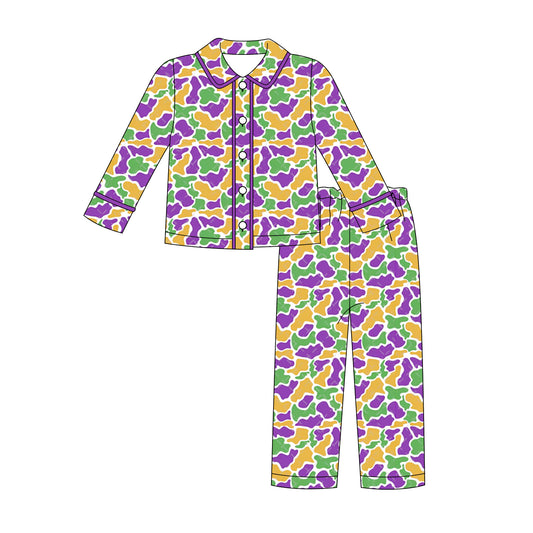 MOQ 8 Preorder BLP1292 Mardi Gras Purple Camouflage Polo Button Long Sleeve Pants Boys Pajamas Set 202509 Sibling