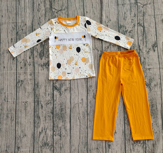 NO MOQ preorder BLP1299 Embroidered Happy New Year Balloon Long Sleeve Pant Boys Set 202510