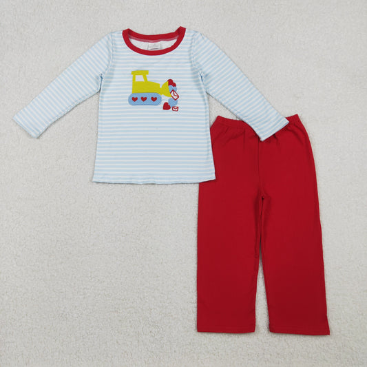 BLP1302 Embroidered Valentine's Day Love Truck Stripe Long Sleeve Top Red Pant Boys Set 202511 RTS