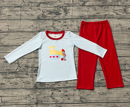NO MOQ preorder BLP1302 Embroidered Valentine's Day Love Truck Stripe Long Sleeve Top Red Pant Boys Set 202510