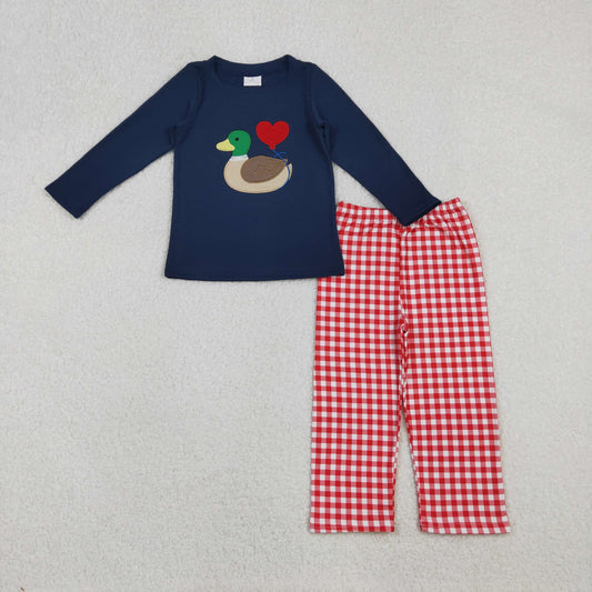BLP1304 Embroidered Valentine's Day Duck Love Navy Long Sleeve Top Red Plaid Pant Boys Set 202510 RTS