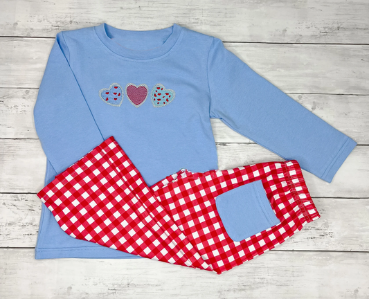 MOQ 8 preorder BLP1314 Valentine's Day Love Blue Long Sleeve Top Red Plaid Pant Boys Set 202510