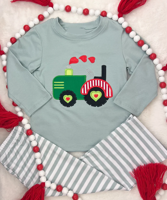 MOQ 8 preorder BLP1315 Valentine's Day Love Truck Gray Green Long Sleeve Top Plaid Pant Boys Set 202510