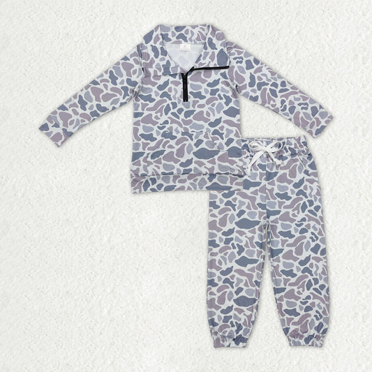 BLP1319 Gray Blue Camouflage Zip up Collar Pocket Long-Sleeved Pants Boys Set 202510 RTS