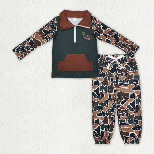 BLP1324 Duck Brown Green Camouflage Zip up Collar Pocket Long-Sleeved Pants Boys Set 202510 RTS