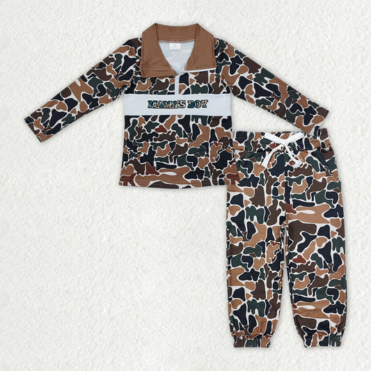 BLP1325 Embroidered MAMA'S BOY Brown Green Camouflage Zip up Collar Long-Sleeved Pants Boys Set 202510 RTS
