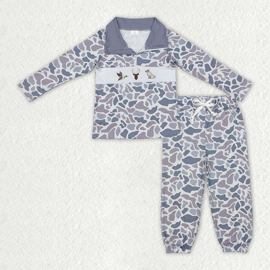 BLP1326 Embroidered MAMA'S BOY Gray Blue Camouflage Zip up Collar Long-Sleeved Pants Boys Set 202510 RTS