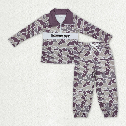 BLP1327 Embroidered MAMA'S BOY Gray Brown Camouflage Zip up Collar Long-Sleeved Pants Boys Set 202510 RTS