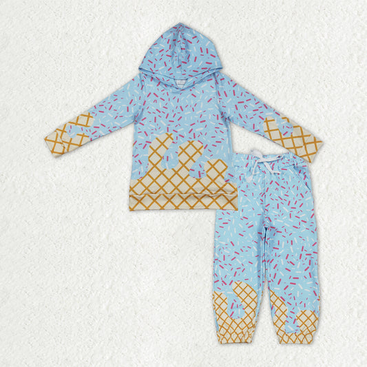 BLP1328 Waffle Ice Cream Drip Light Blue Hooded Long-Sleeved Yoga Pants Boys Set 202510 RTS