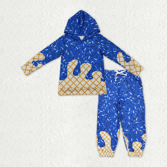 BLP1329 Waffle Ice Cream Drip Blue Hooded Long-Sleeved Yoga Pants Boys Set 202510 RTS
