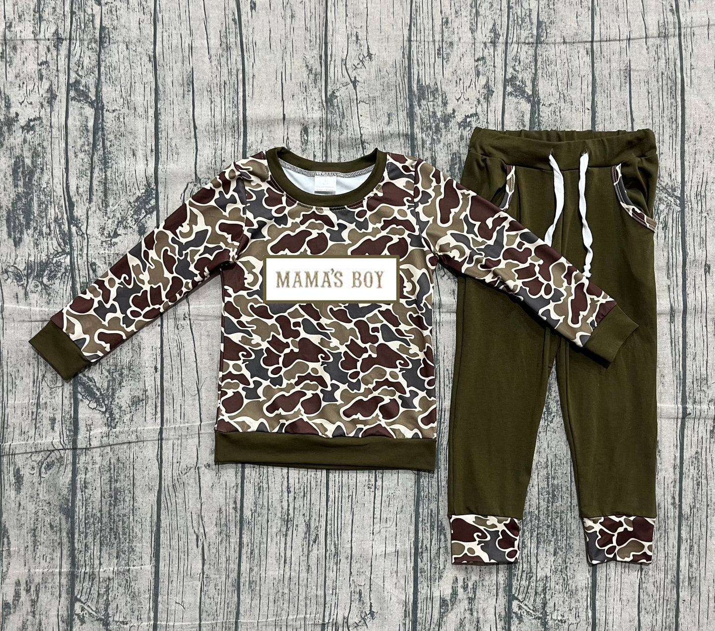 NO MOQ preorder BLP1330 Embroidered MAMA'S BOY Army Green Camouflage Long Sleeve Top Pant Boys Set 202510