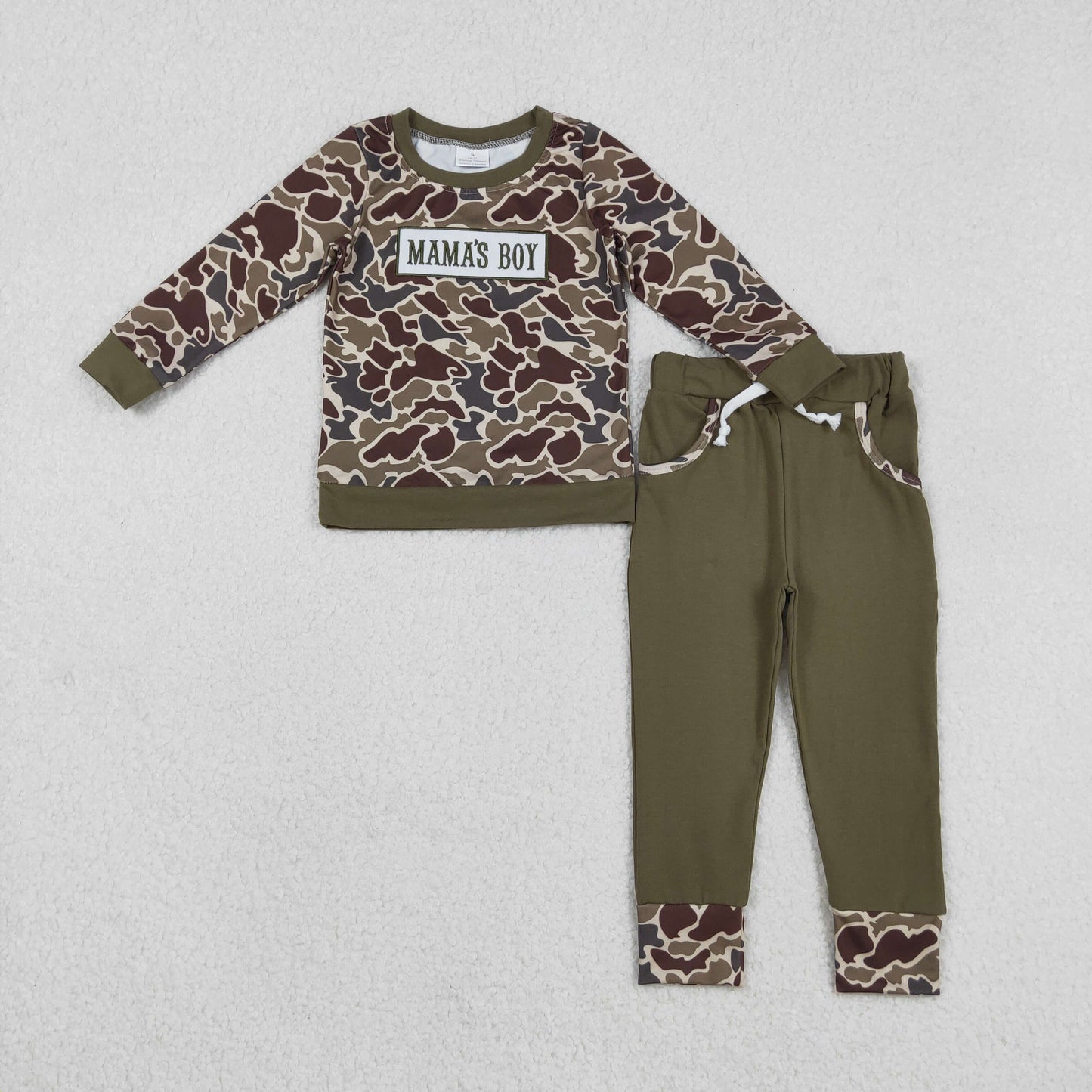 BLP1330 Embroidered MAMA'S BOY Army Green Camouflage Long Sleeve Top Pant Boys Set 202511 RTS