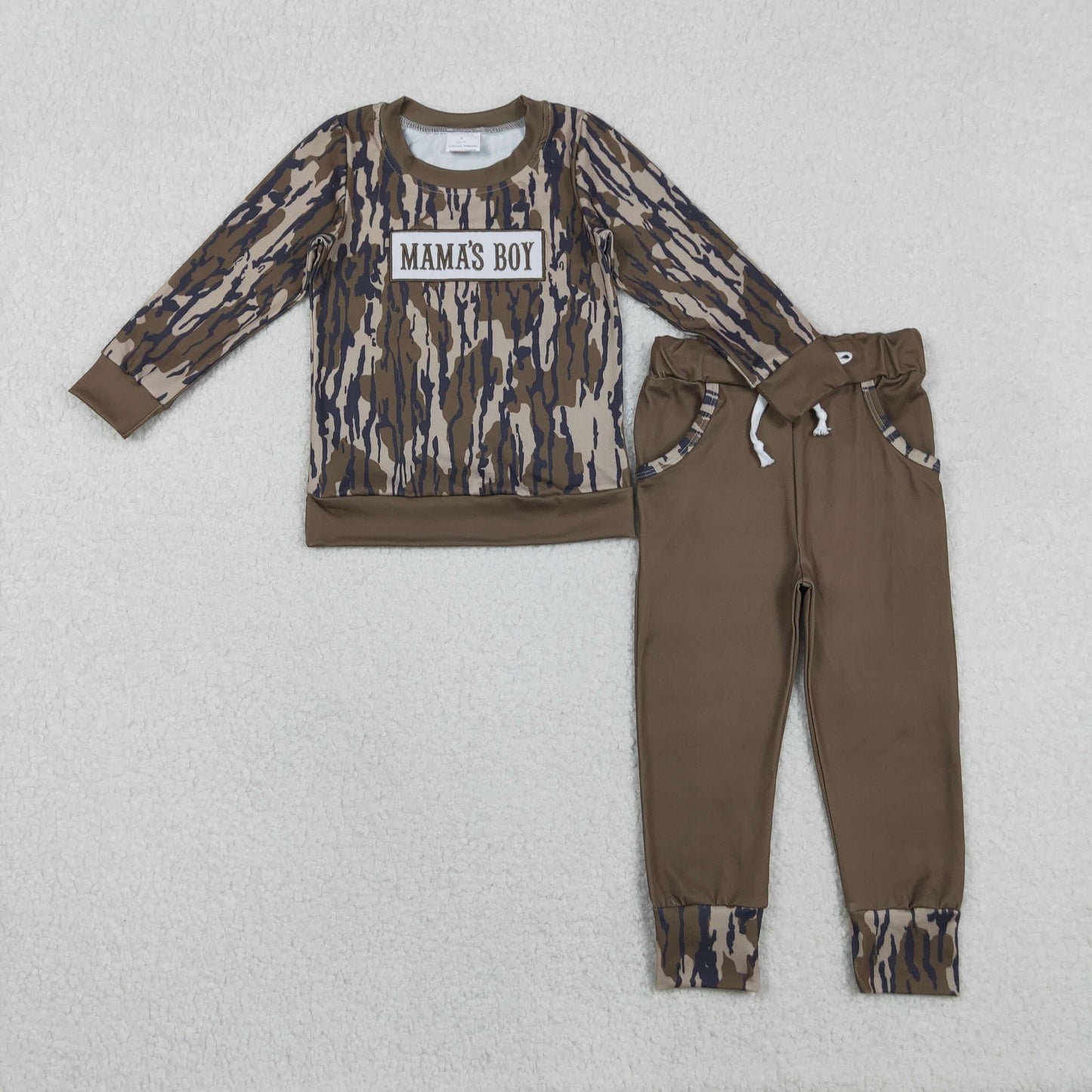 BLP1334 Embroidered MAMA'S BOY Army Green Leaf Camouflage Long Sleeve Top Pant Boys Set 202511 RTS