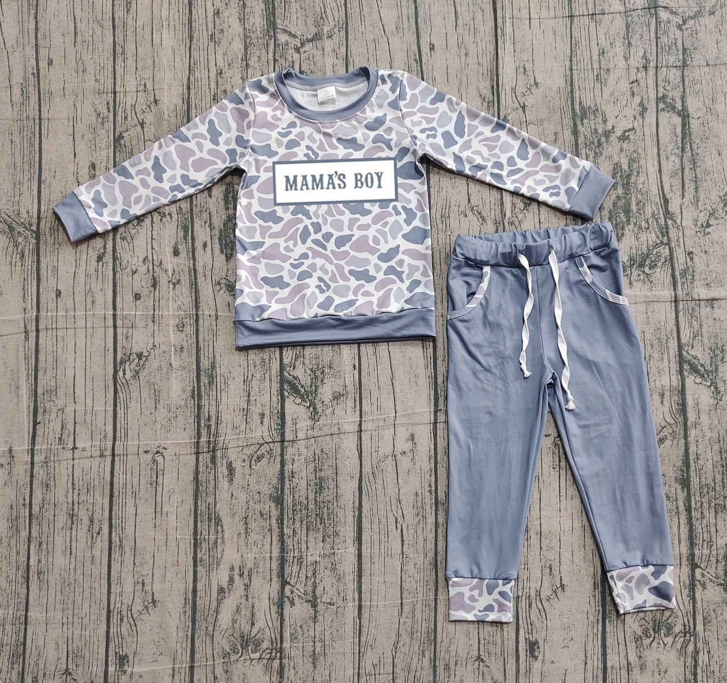 NO MOQ preorder BLP1335 Embroidered MAMA'S BOY Gray Blue Camouflage Long Sleeve Top Pant Boys Set 202510