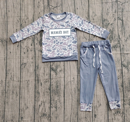 NO MOQ preorder BLP1335 Embroidered MAMA'S BOY Gray Blue Camouflage Long Sleeve Top Pant Boys Set 202510