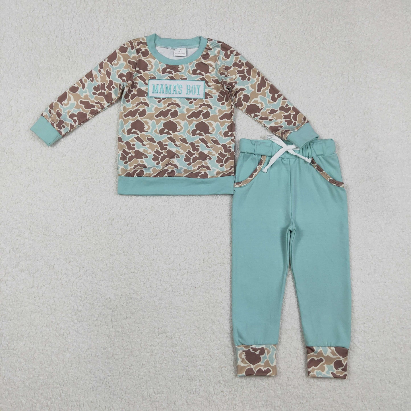 BLP1336 Embroidered MAMA'S BOY Green Camouflage Long Sleeve Top Pant Boys Set 202511 RTS