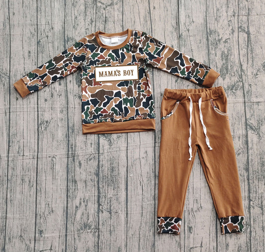 NO MOQ preorder BLP1337 Embroidered MAMA'S BOY Brown Green Camouflage Long Sleeve Top Pant Boys Set 202510