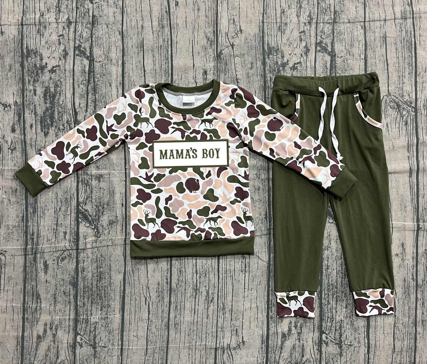 NO MOQ preorder BLP1338 Embroidered MAMA'S BOY Deer Hunting Camouflage Army Green Long Sleeve Top Pant Boys Set 202510