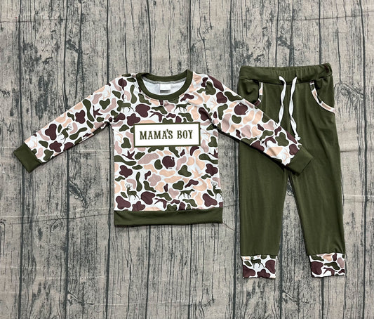 BLP1338 Embroidered MAMA'S BOY Deer Hunting Camouflage Army Green Long Sleeve Top Pant Boys Set 202511 RTS