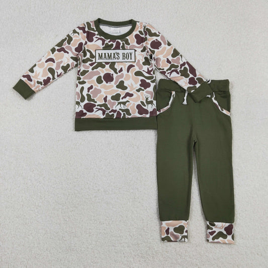 BLP1338 Embroidered MAMA'S BOY Deer Hunting Camouflage Army Green Long Sleeve Top Pant Boys Set 202511 RTS