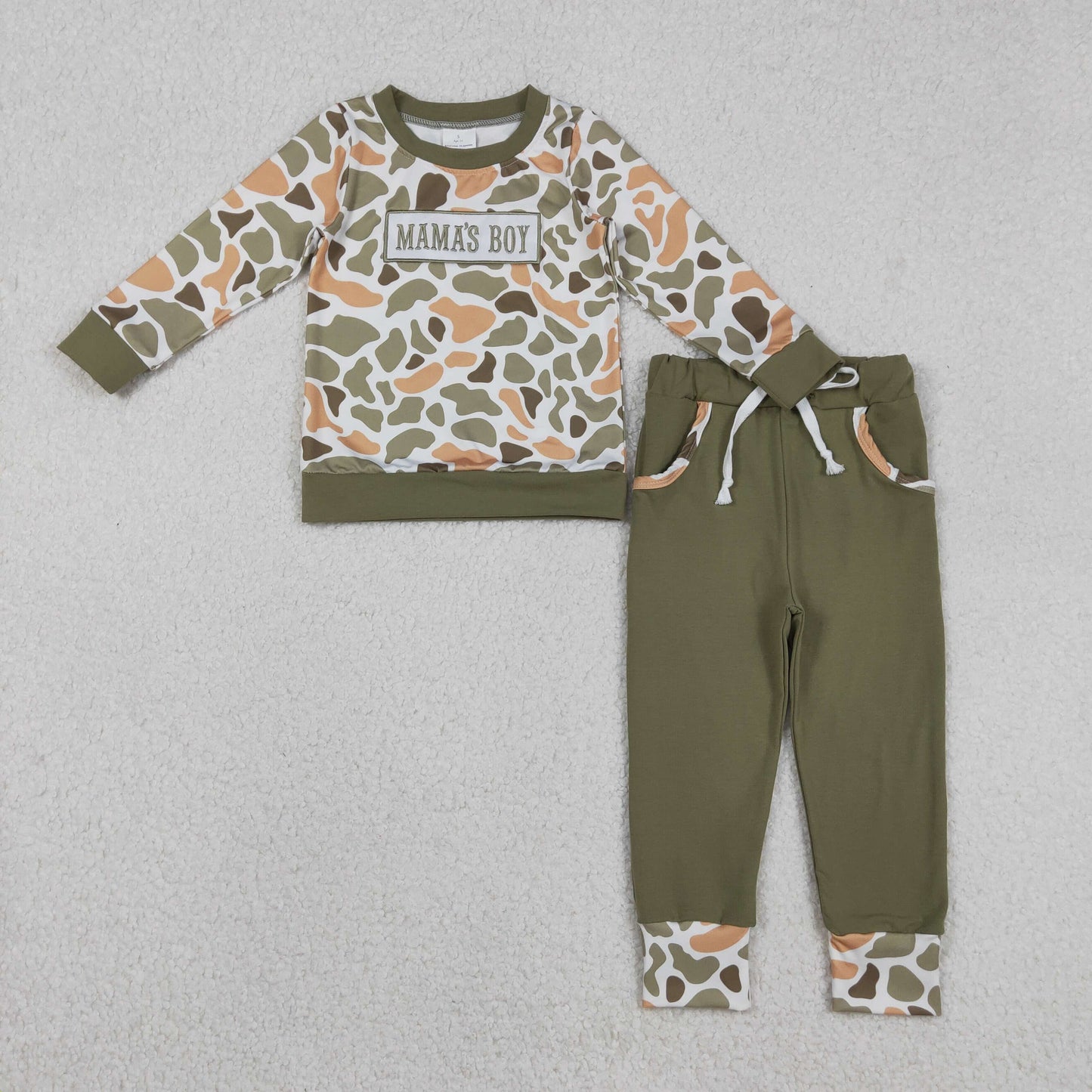 BLP1339 Embroidered MAMA'S BOY Yellow Green Camouflage Long Sleeve Top Pant Boys Set 202511 RTS