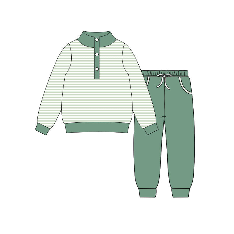 MOQ 5 preorder BLP1341 Green Stripe Button Collar Long Sleeve Top Pant Boys Set 202510