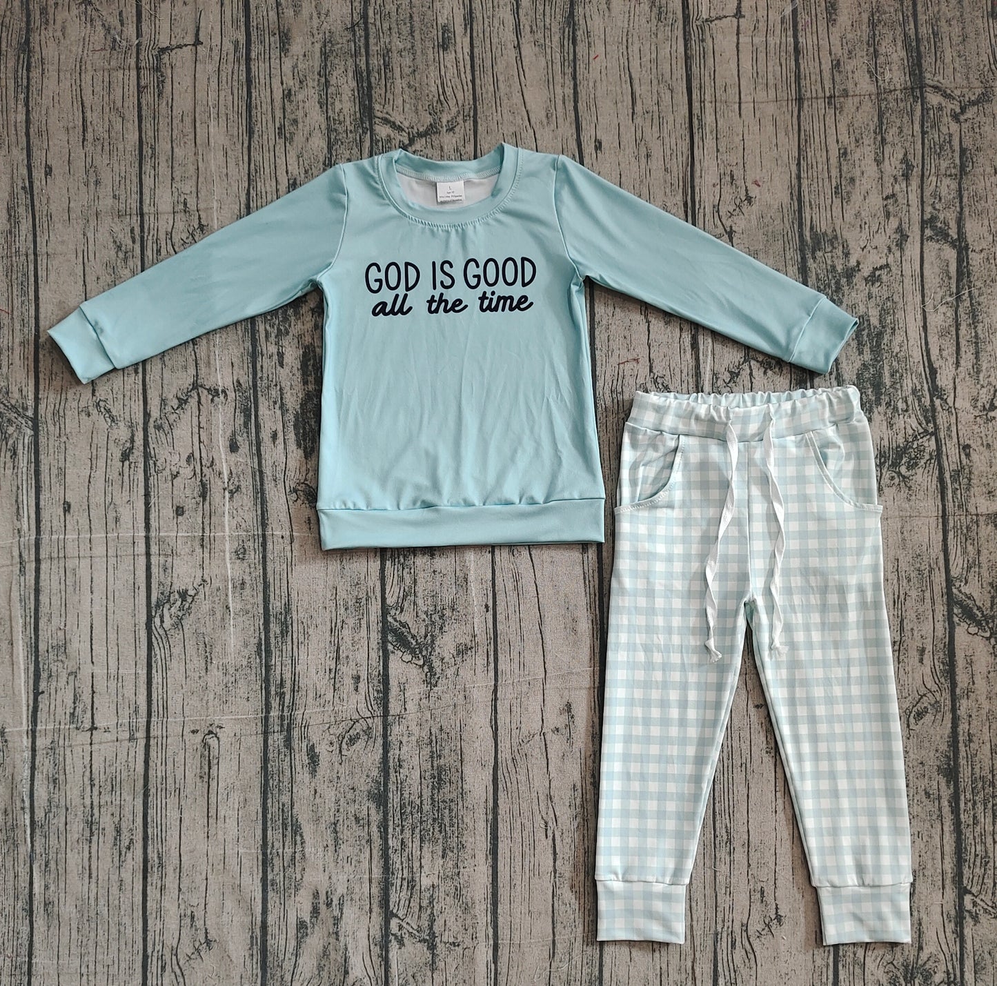 NO MOQ preorder BLP1345 God is Good all the time Blue Green Long Sleeve Top Pant Boys Set 202510