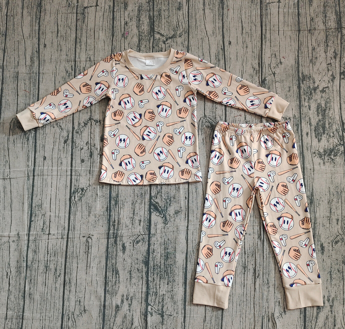 NO MOQ preorder BLP1346 Baseball Smile Face Beige Brown Long Sleeve Top Pant Boys Pajamas Set 202510