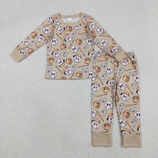 BLP1346 Baseball Smile Face Beige Brown Long Sleeve Top Pant Boys Pajamas Set 202511 RTS