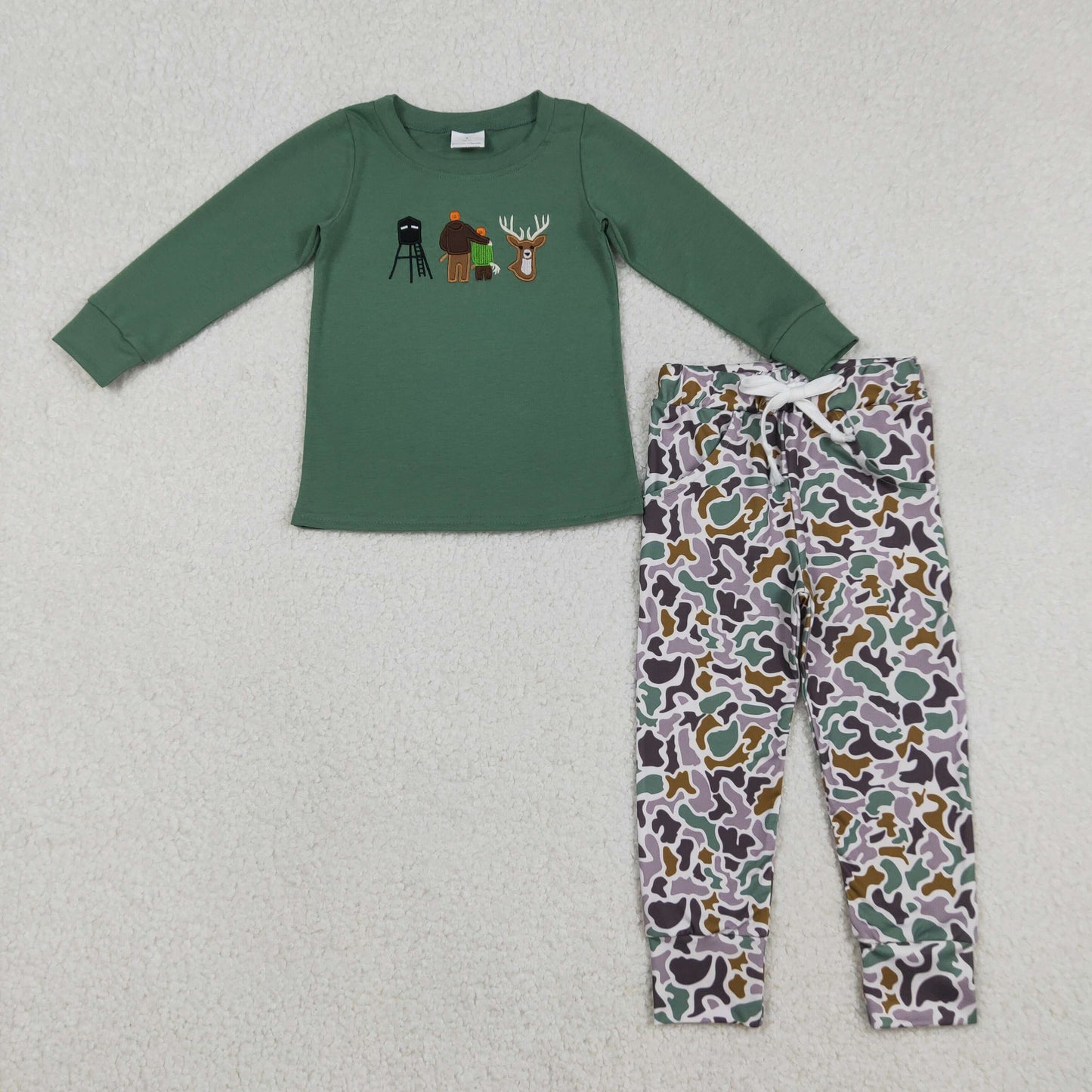 BLP1352 Embroidered Deer Hunting Gray Green Long Sleeve Top Camo Pant Boys Set 202512 RTS
