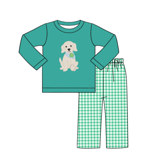 MOQ 5 preorder BLP1356 St. Patrick's Day Four-Leaf Clover Puppy Long Sleeve Green Plaid Pants Boys Set 202510