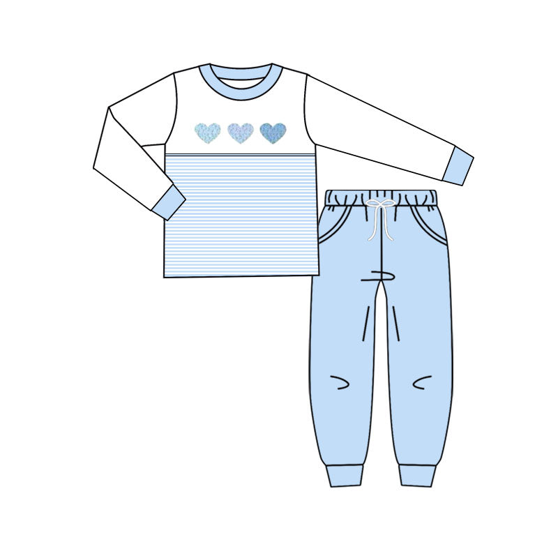 MOQ 5 preorder BLP1365 Valentines Day Love Blue Stripe Long-Sleeved Pants Boys Sets 202510
