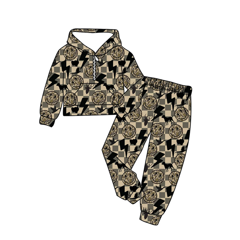 MOQ 5 preorder BLP1366 Camouflage Smile Face Duck Plaid Hooded Long-Sleeved Pants Boys Sets 202510