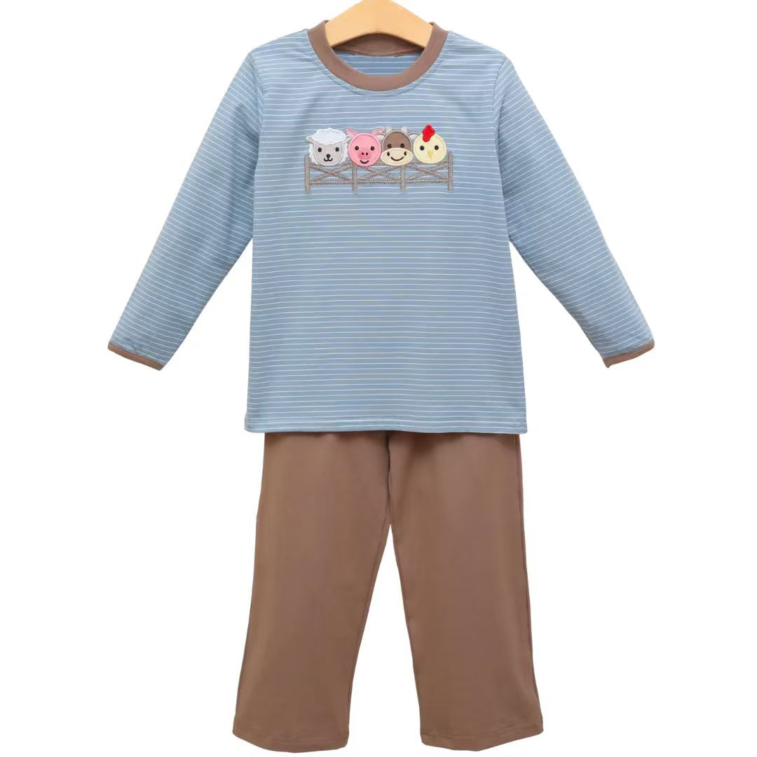 MOQ 5 preorder BLP1372 Farm Animals Gray Blue Stripe Long-Sleeved Brown Pants Boys Sets 202510