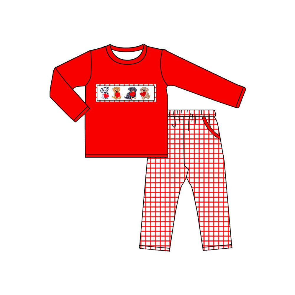 MOQ 5 preorder BLP1373 Valentines Day Puppy Love Red Long-Sleeved Plaid Pants Boys Sets 202510