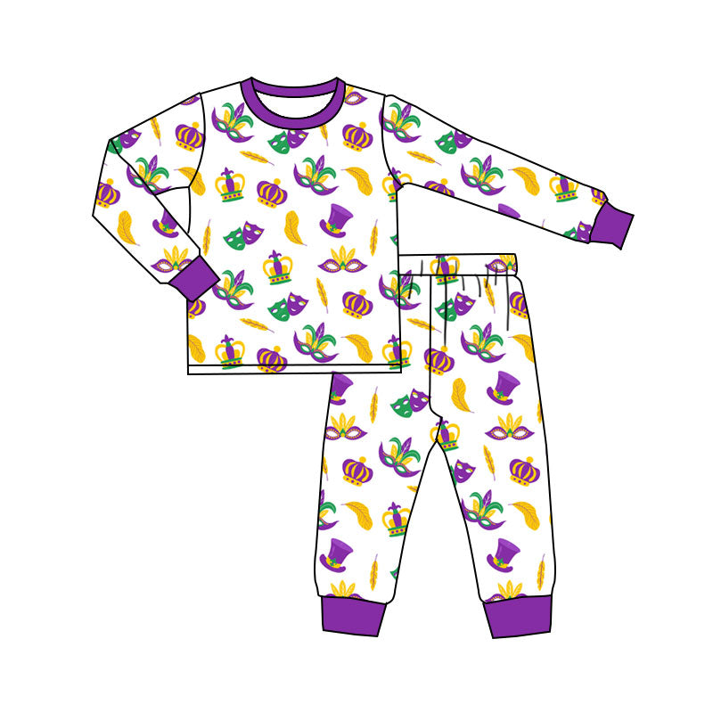 MOQ 5 PCS preorder BLP1379 Mardi Gras Purple White Long-Sleeved Camouflage Pants Boys Pajama Set 202511