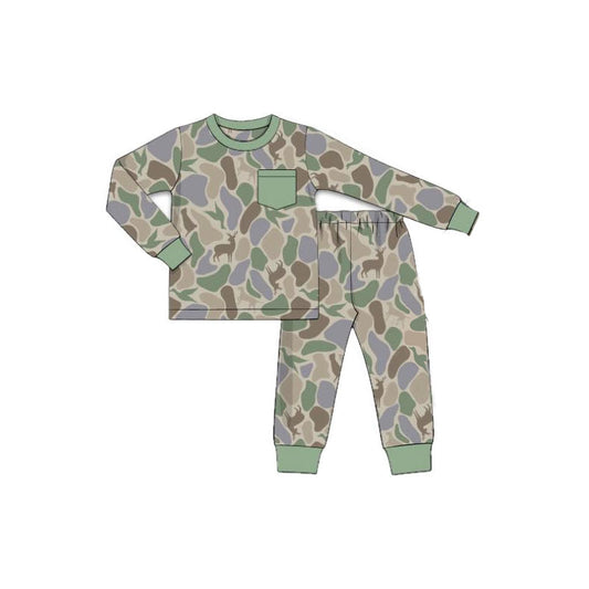 MOQ 5 PCS preorder BLP1382 Deer Duck Puppy Camouflage Green Long-Sleeved Pants Boys Pajama Set 202511