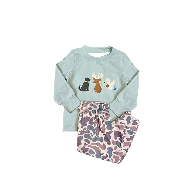 MOQ 5 PCS preorder BLP1383 Deer Duck Puppy Light Blue Green Long-Sleeved Camouflage Pants Boys Sets 202511