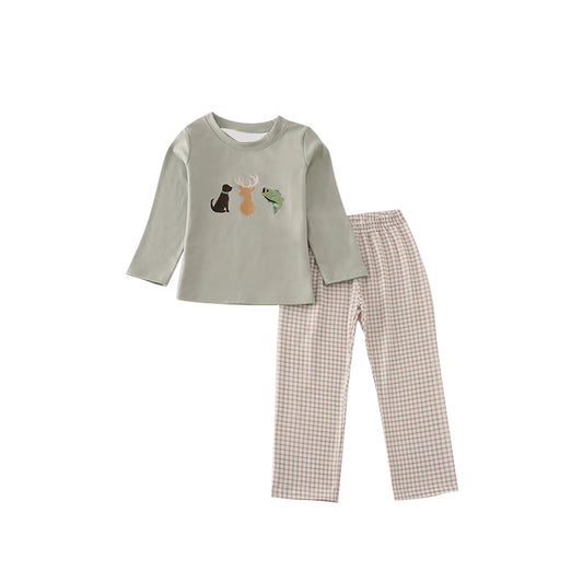 MOQ 5 PCS preorder BLP1384 Deer Puppy Fish Gray Green Long-Sleeved Khaki Plaid Pants Boys Sets 202511