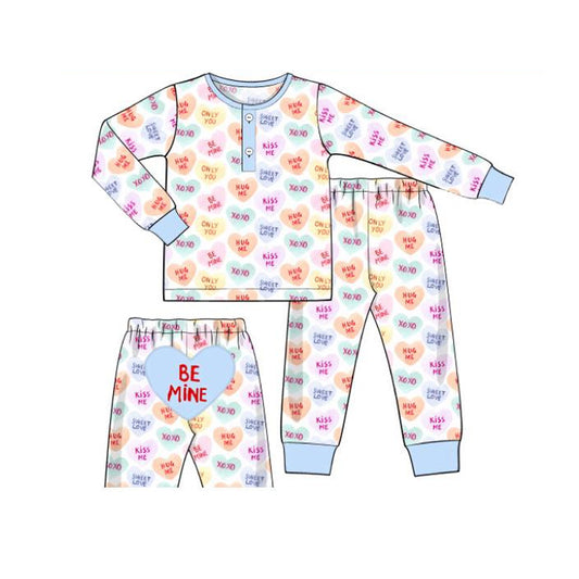 MOQ 5 PCS preorder BLP1390 Valentines Be Mine Letter Heart Blue White Long-Sleeved Pants Boys Pajama Set 202511