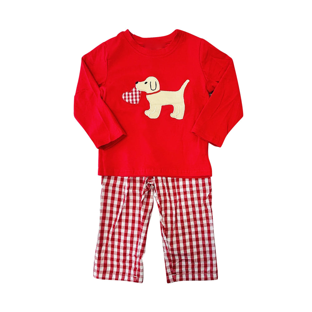 MOQ 5 PCS preorder BLP1397 Valentines Day Love Puppy Red Long-Sleeved Plaid Pants Boys Sets 202511