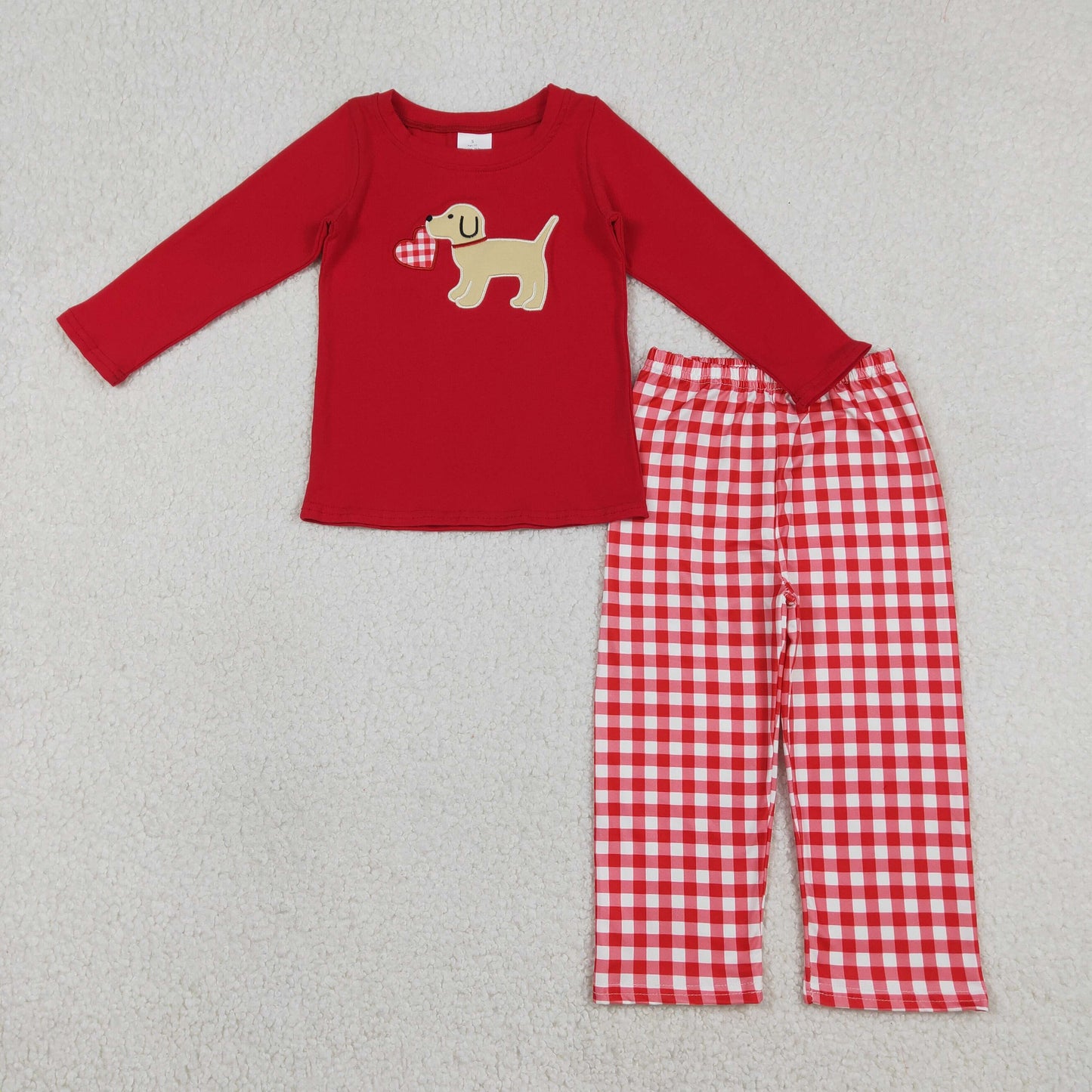BLP1397 Embroidered Valentines Day Love Puppy Red Long-Sleeved Plaid Pants Boys Sets 202601 RTS