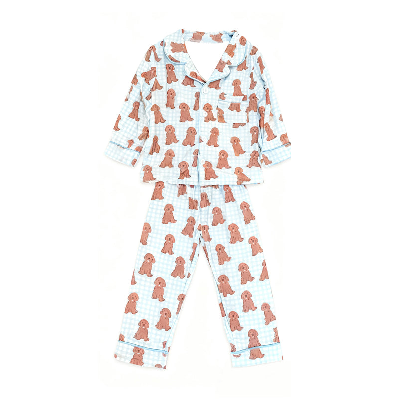 MOQ 5 PCS preorder BLP1408 Puppy Blue Plaid Buttons Long-Sleeved Pants Boys Pajama Set 202511