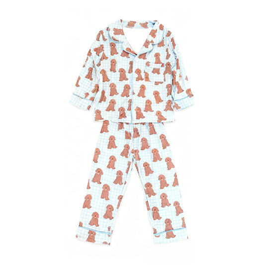 MOQ 5 PCS preorder BLP1408 Puppy Blue Plaid Buttons Long-Sleeved Pants Boys Pajama Set 202511