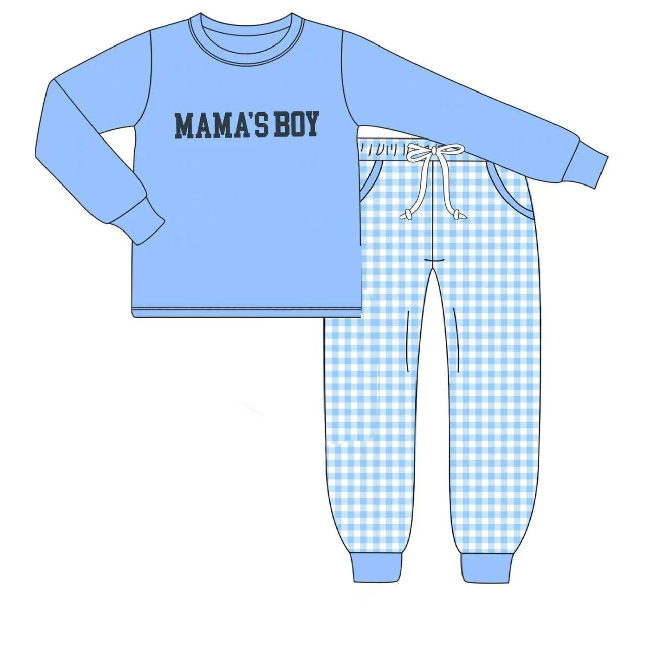 MOQ 5 PCS preorder BLP1409 MAMA'S BOY Blue Long-Sleeved Plaid Pants Boys Sets 202512